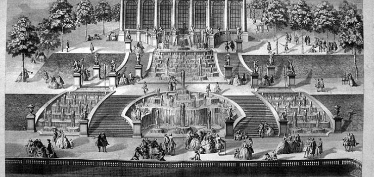 Vue en perspective de la cascade et du pavillon au bout du canal des jardins du château de Luneville